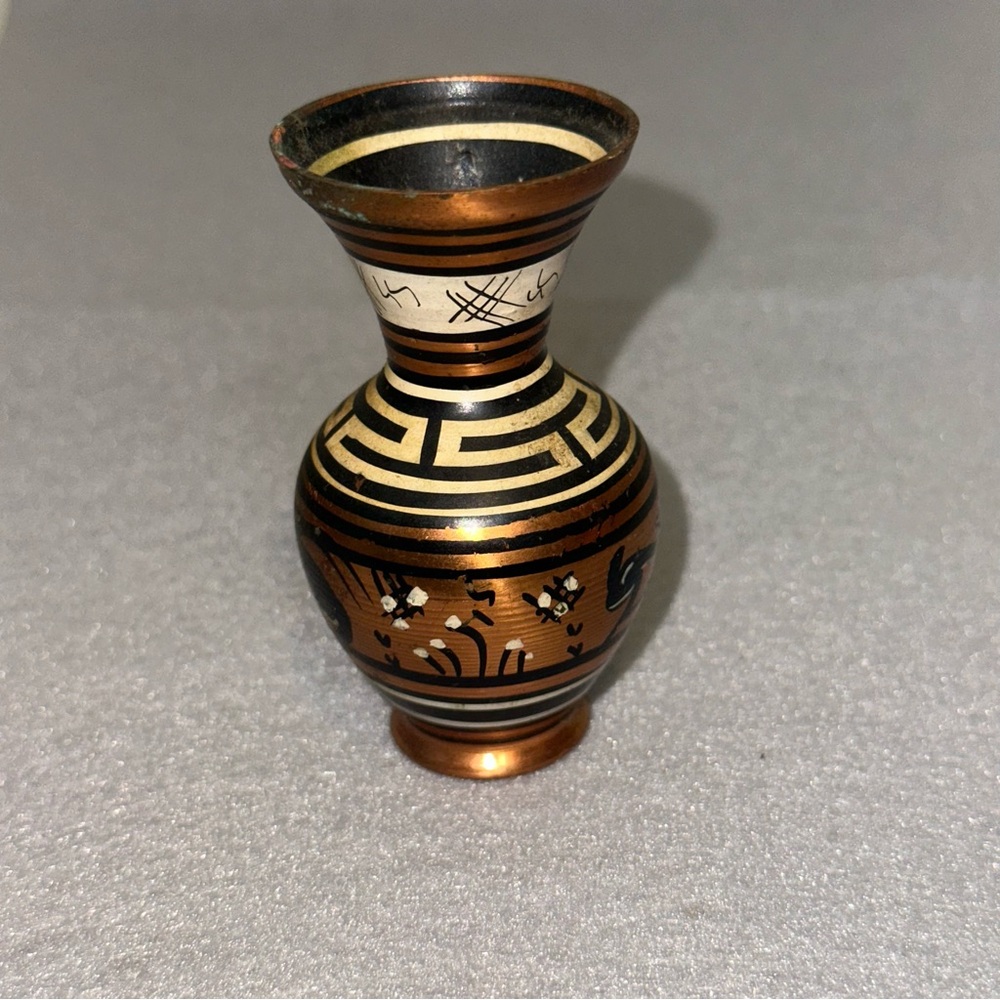 Vintage Greek Copper Vase Hand Made Painted in Greece 3” Tall Home Decor Animal